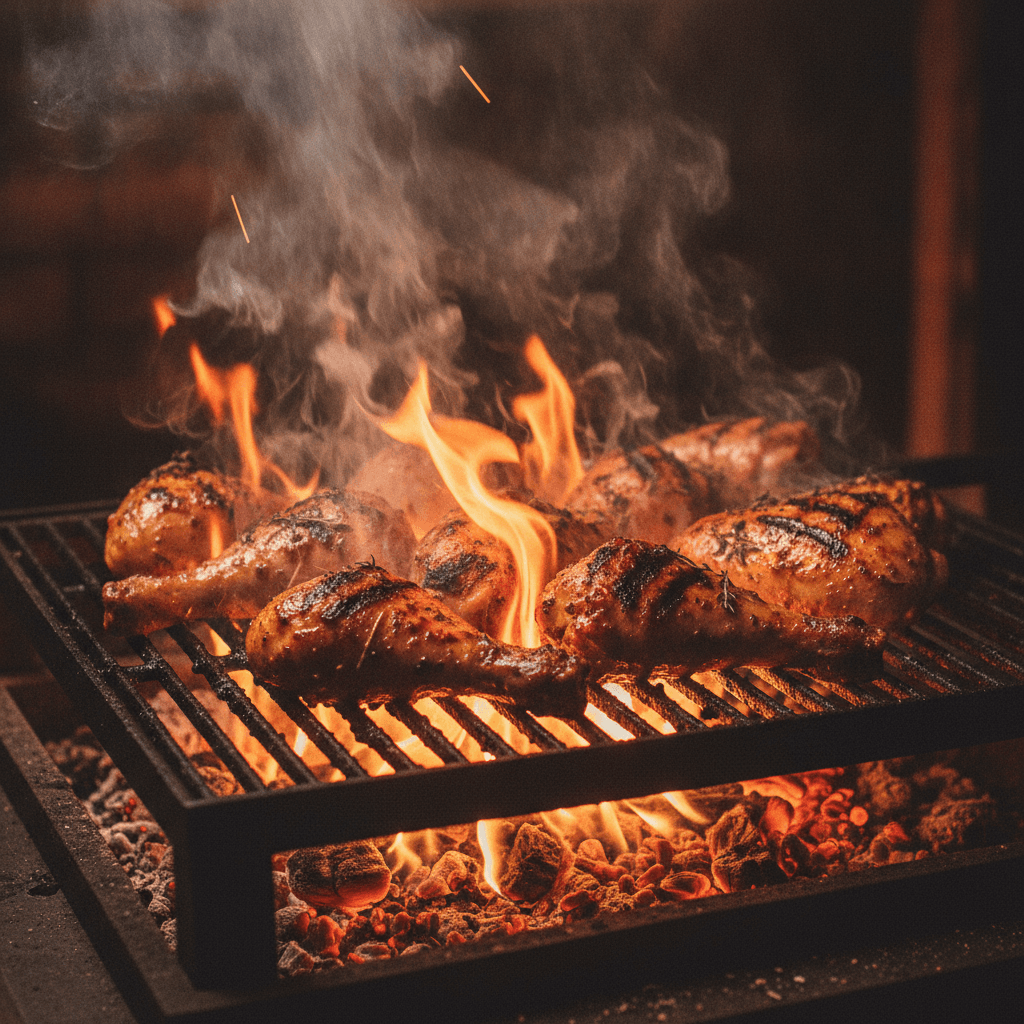 Poulet en train de griller sur le charbon, flammes vives